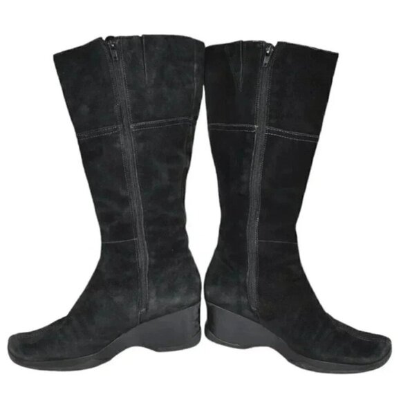 Vintage Hush Puppies Leather Suede Wedge Winter Boots Tall Black Size 9 - Picture 5 of 12